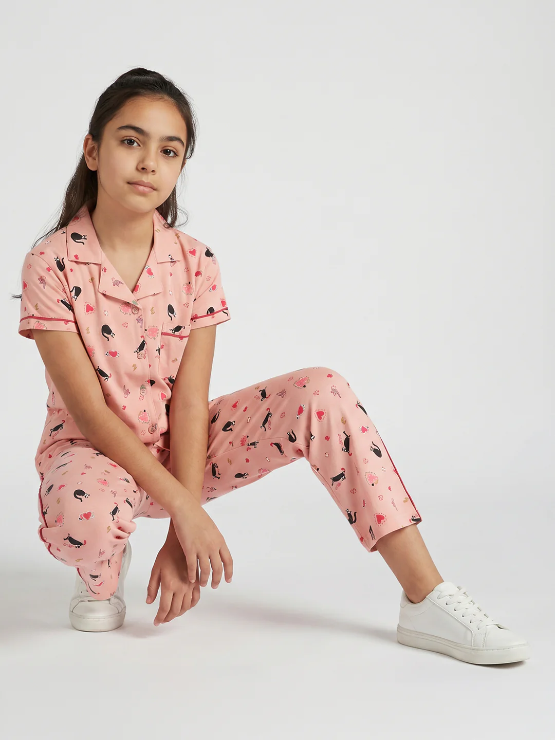 Girls Peach Printed Collar Half Sleeve Cords Set - Image 5
