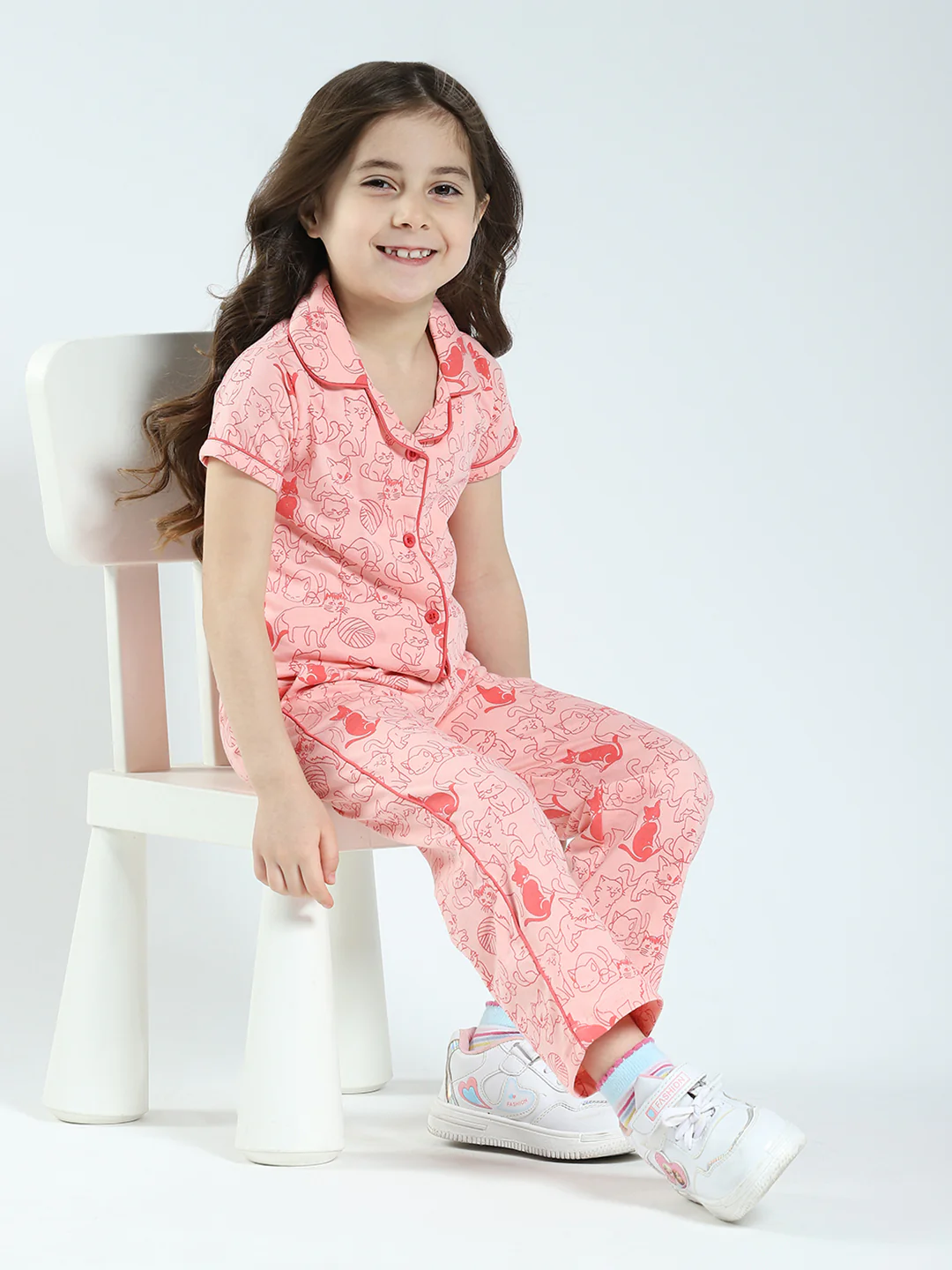 Girls Peach Printed Collar Half Sleeve Lower Set - Image 2