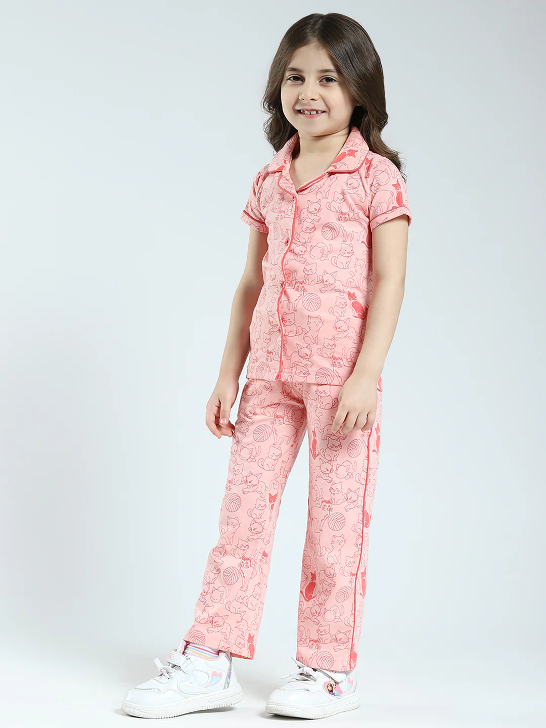 Girls Peach Printed Collar Half Sleeve Lower Set - Image 3