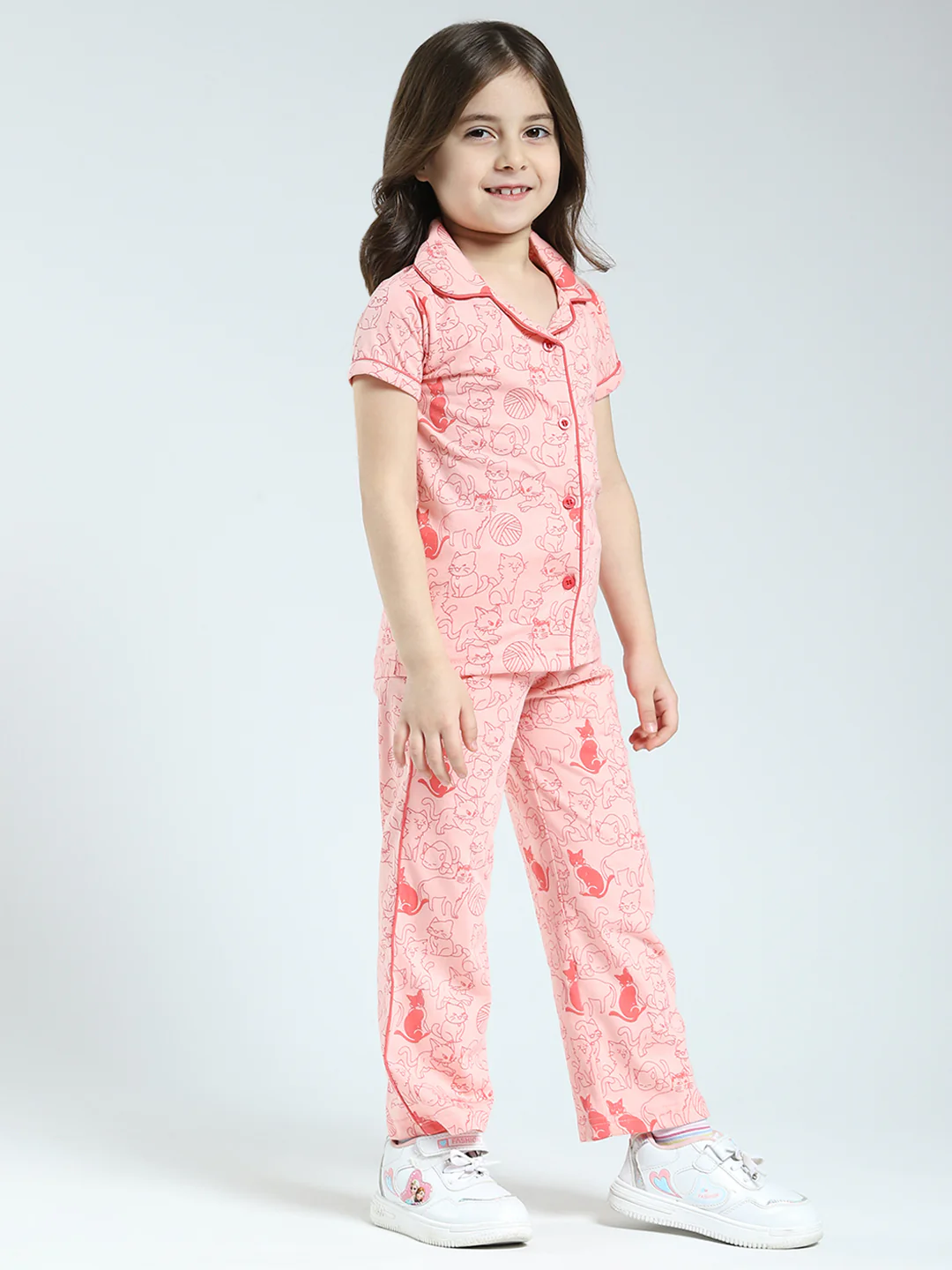 Girls Peach Printed Collar Half Sleeve Lower Set - Image 4