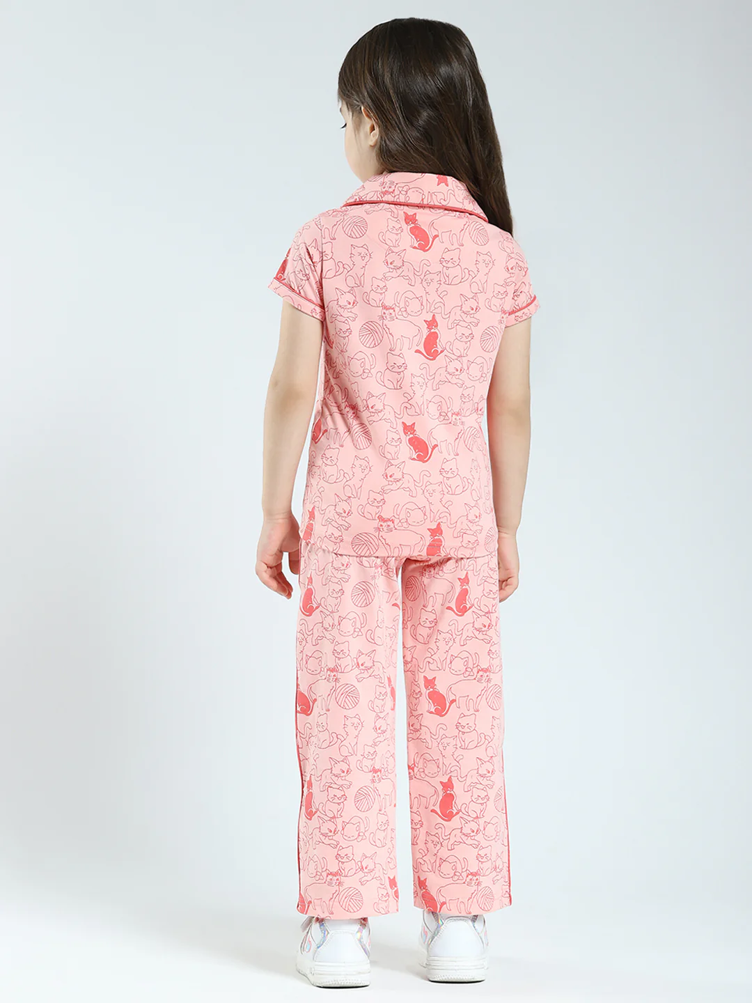 Girls Peach Printed Collar Half Sleeve Lower Set - Image 5