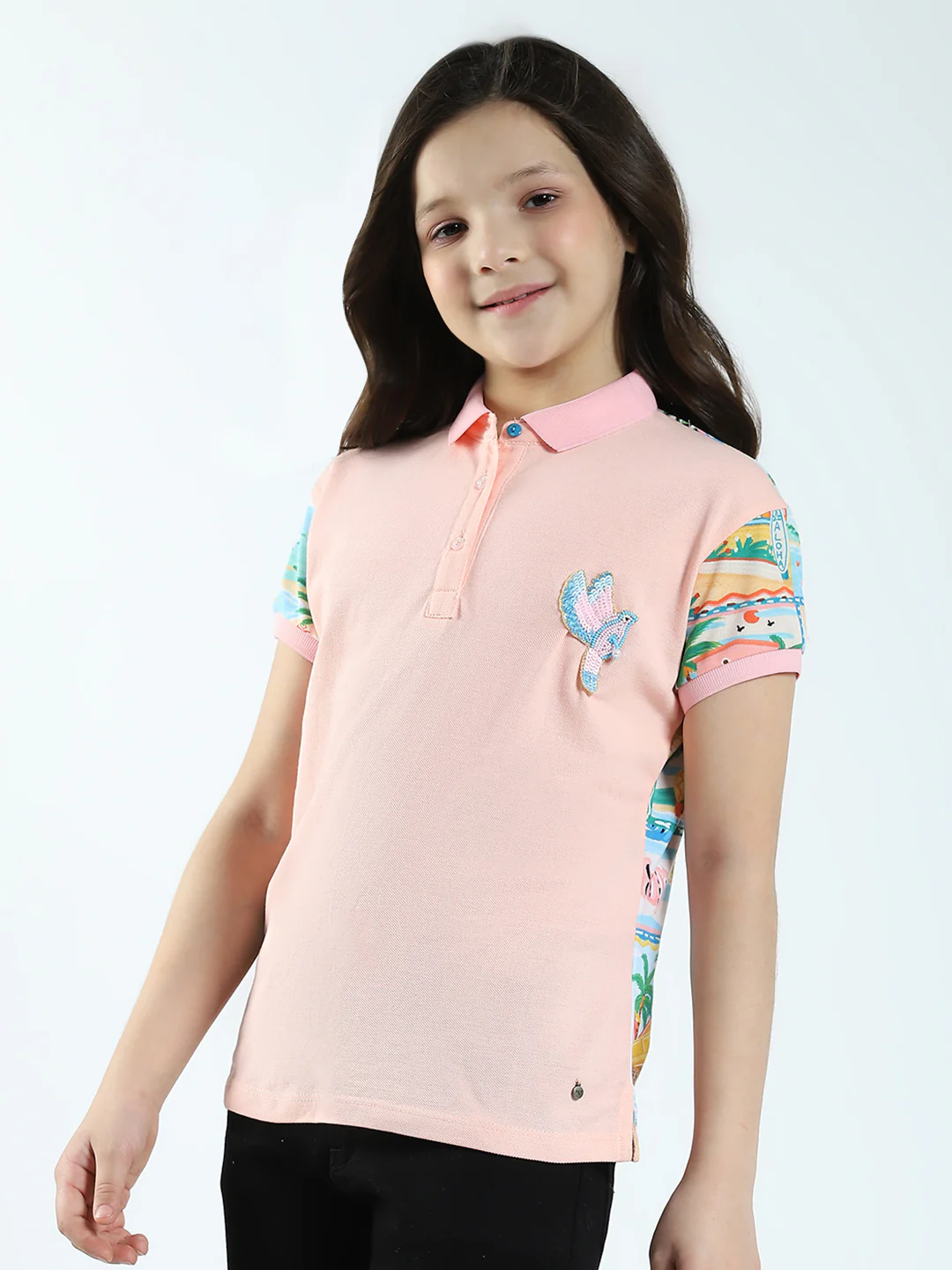 Girls Peach Printed Collar Half Sleeve T-Shirt - Image 3