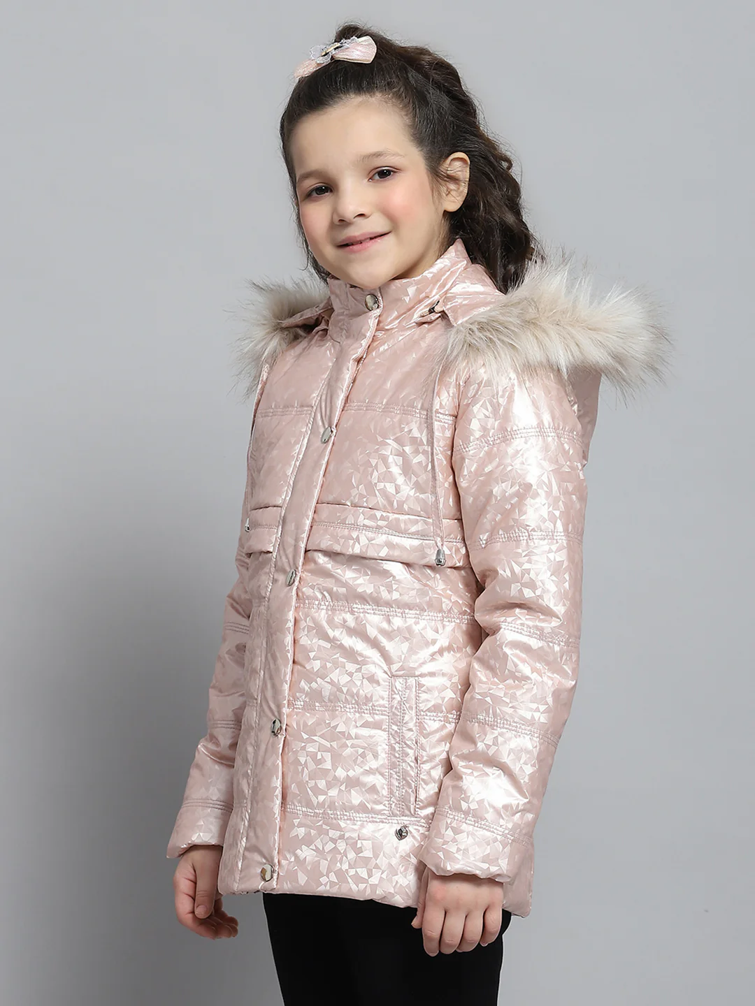 Girls Peach Printed Hooded Full Sleeve Jacket - Image 3