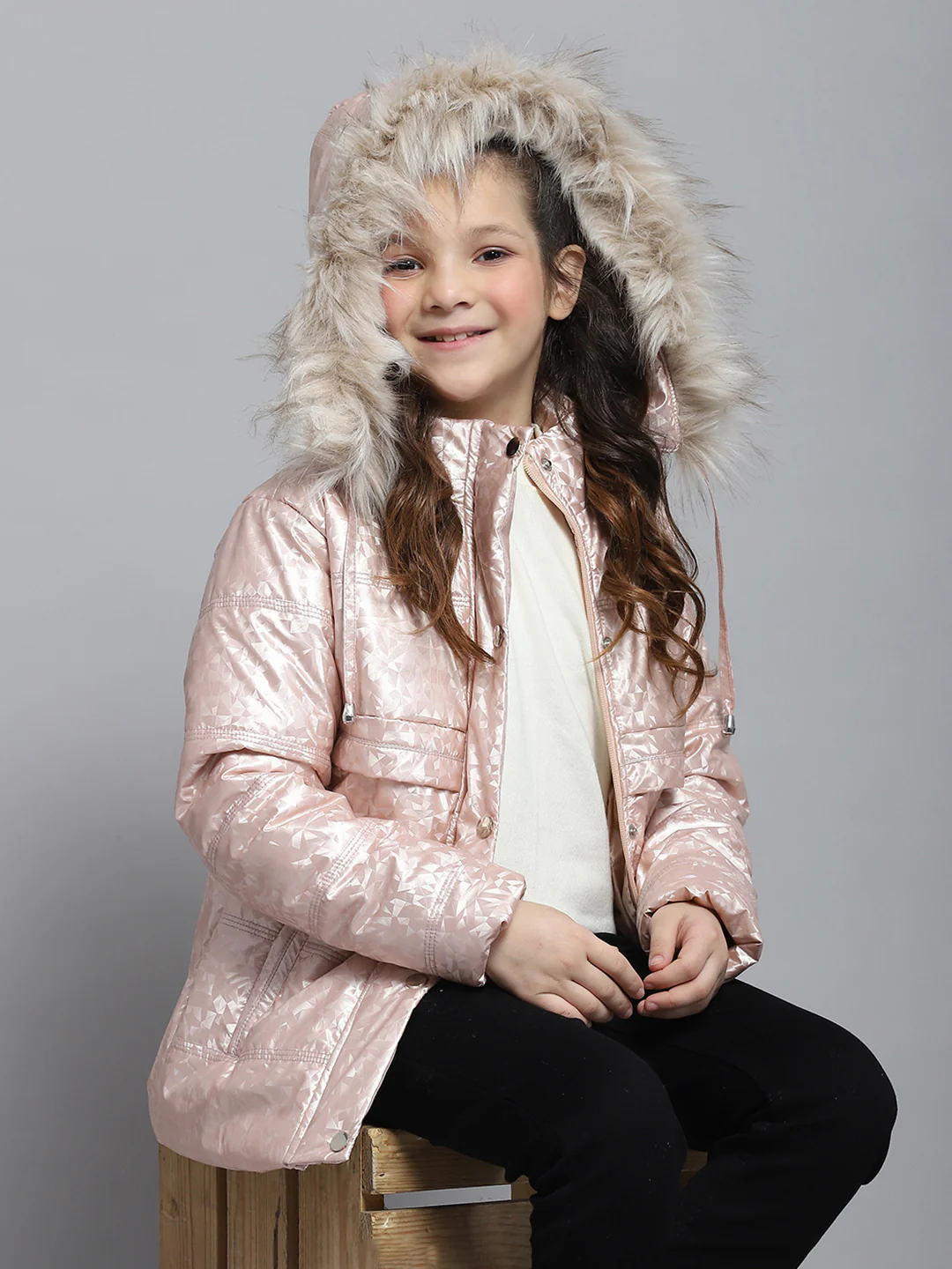 Girls Peach Printed Hooded Full Sleeve Jacket - Image 6