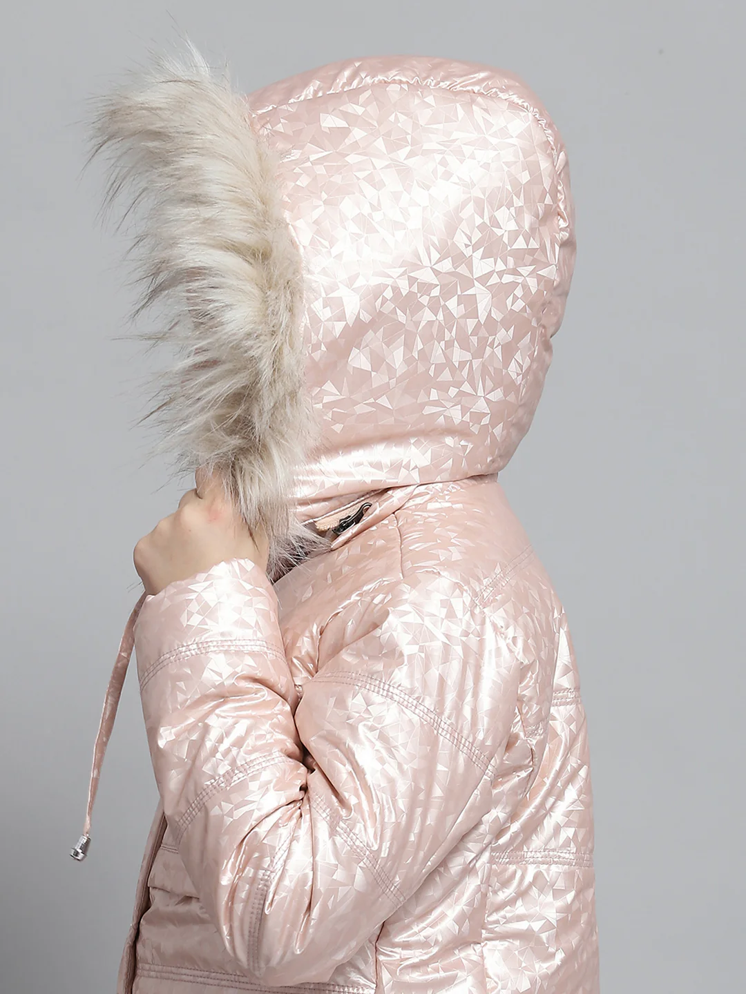 Girls Peach Printed Hooded Full Sleeve Jacket - Image 7