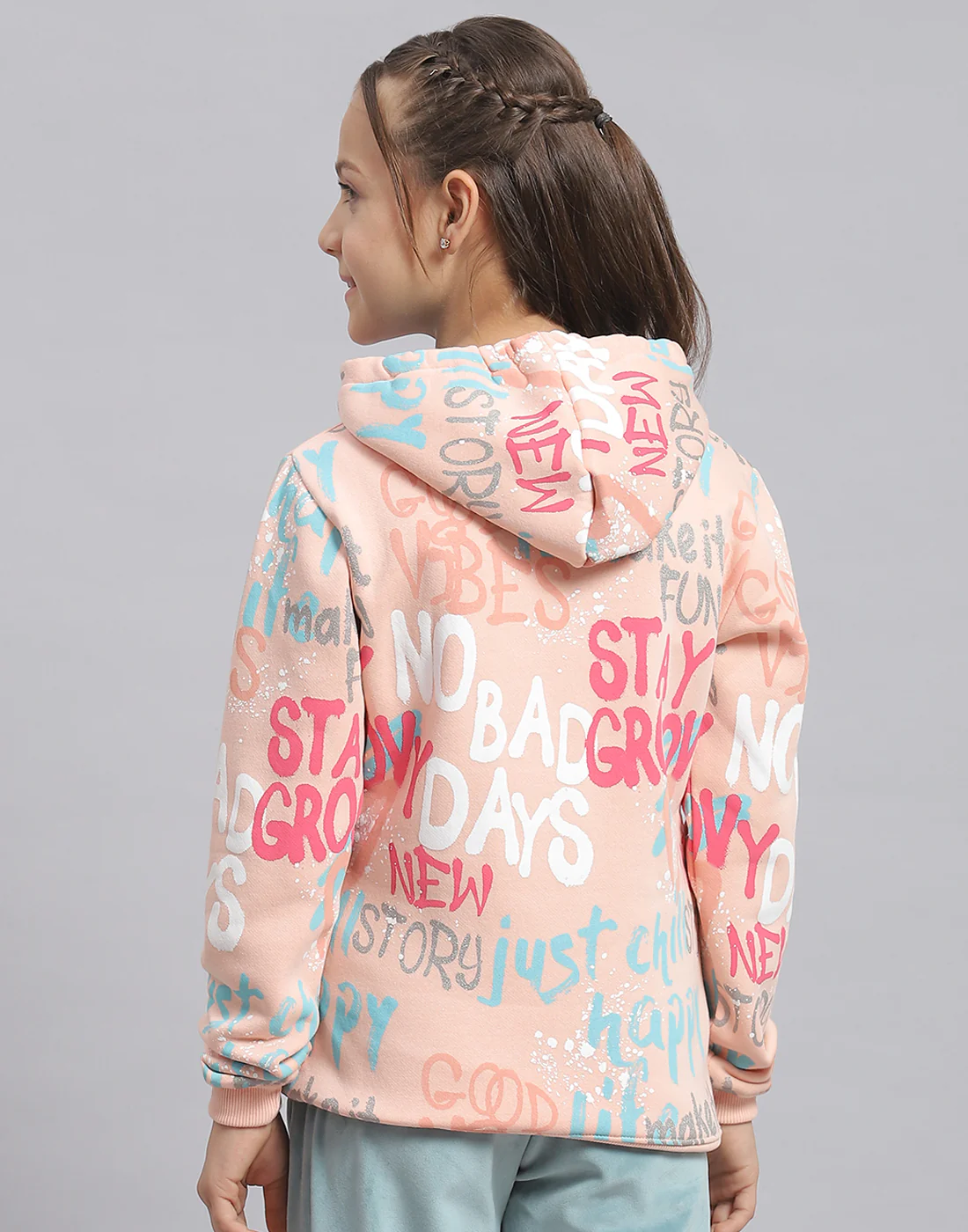 Girls Peach Printed Hooded Full Sleeve Sweatshirt - Image 5