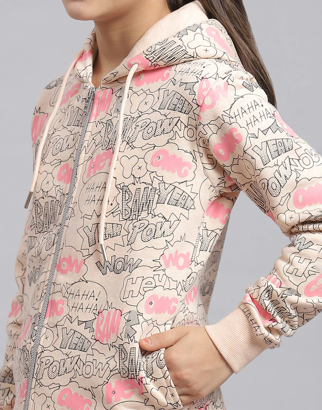 Girls Peach Printed Hooded Full Sleeve Sweatshirt - Image 7