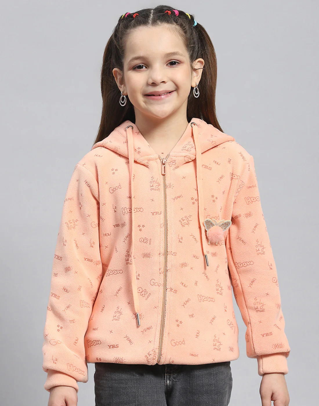 Girls Peach Printed Hooded Full Sleeve Sweatshirt - Image 2