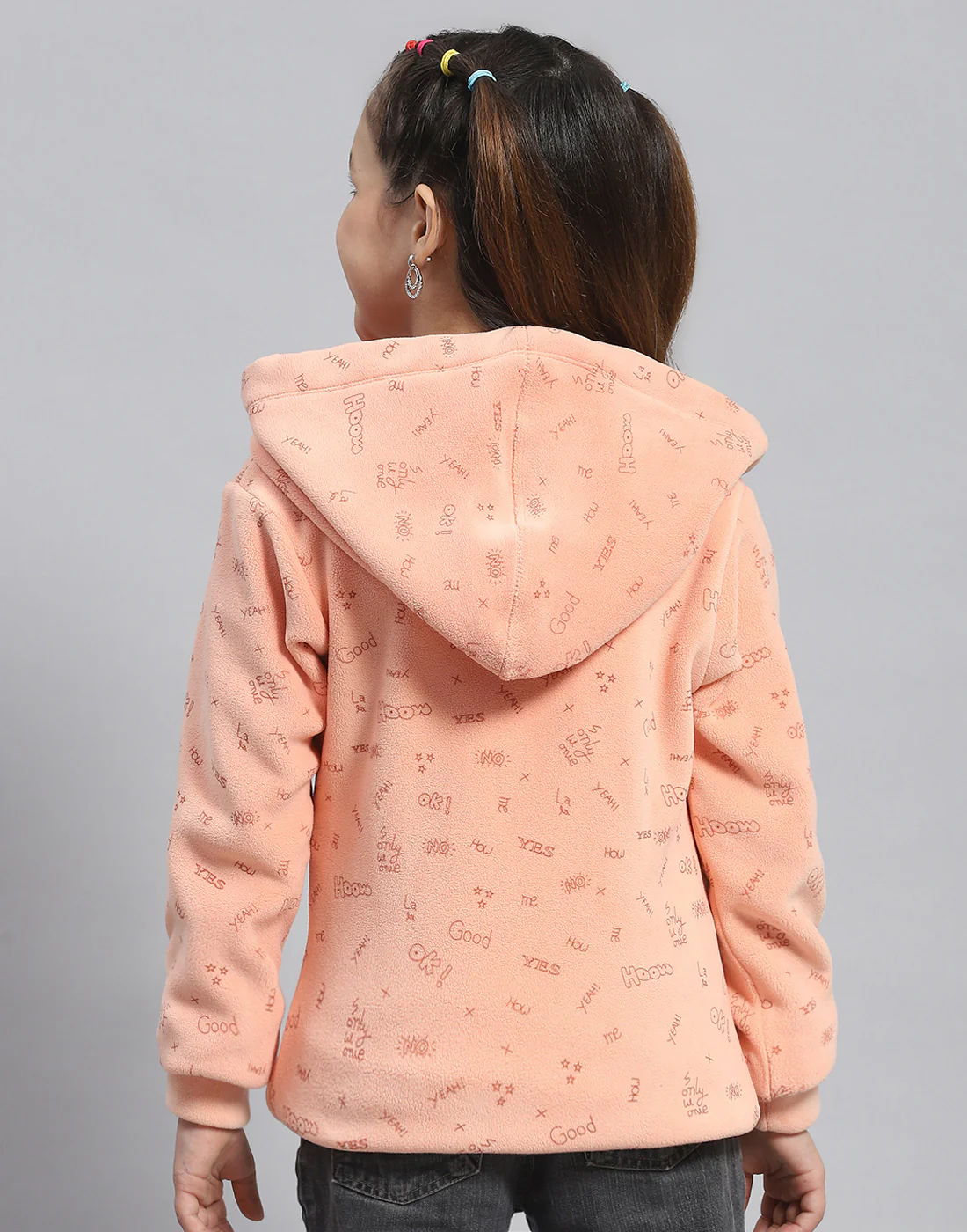 Girls Peach Printed Hooded Full Sleeve Sweatshirt - Image 5