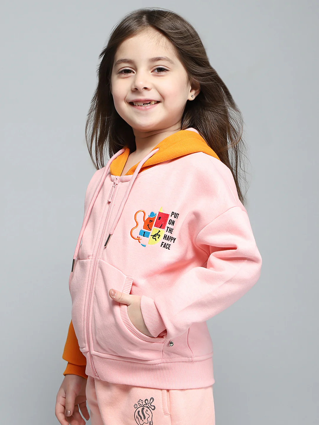 Girls Peach Printed Hooded Full Sleeve Sweatshirt - Image 3
