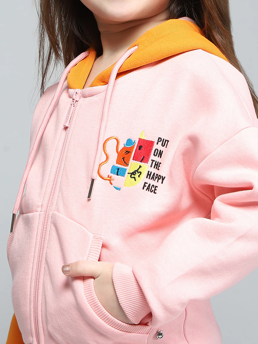 Girls Peach Printed Hooded Full Sleeve Sweatshirt - Image 6