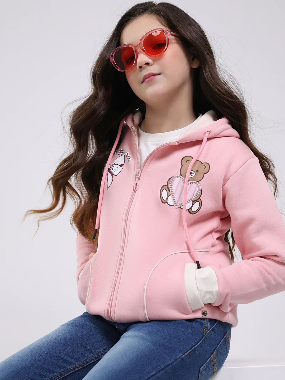 Girls Peach Printed Hooded Full Sleeve Sweatshirt - Image 6