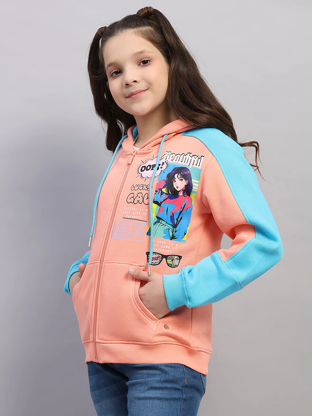 Girls Peach Printed Hooded Full Sleeve Sweatshirt - Image 3