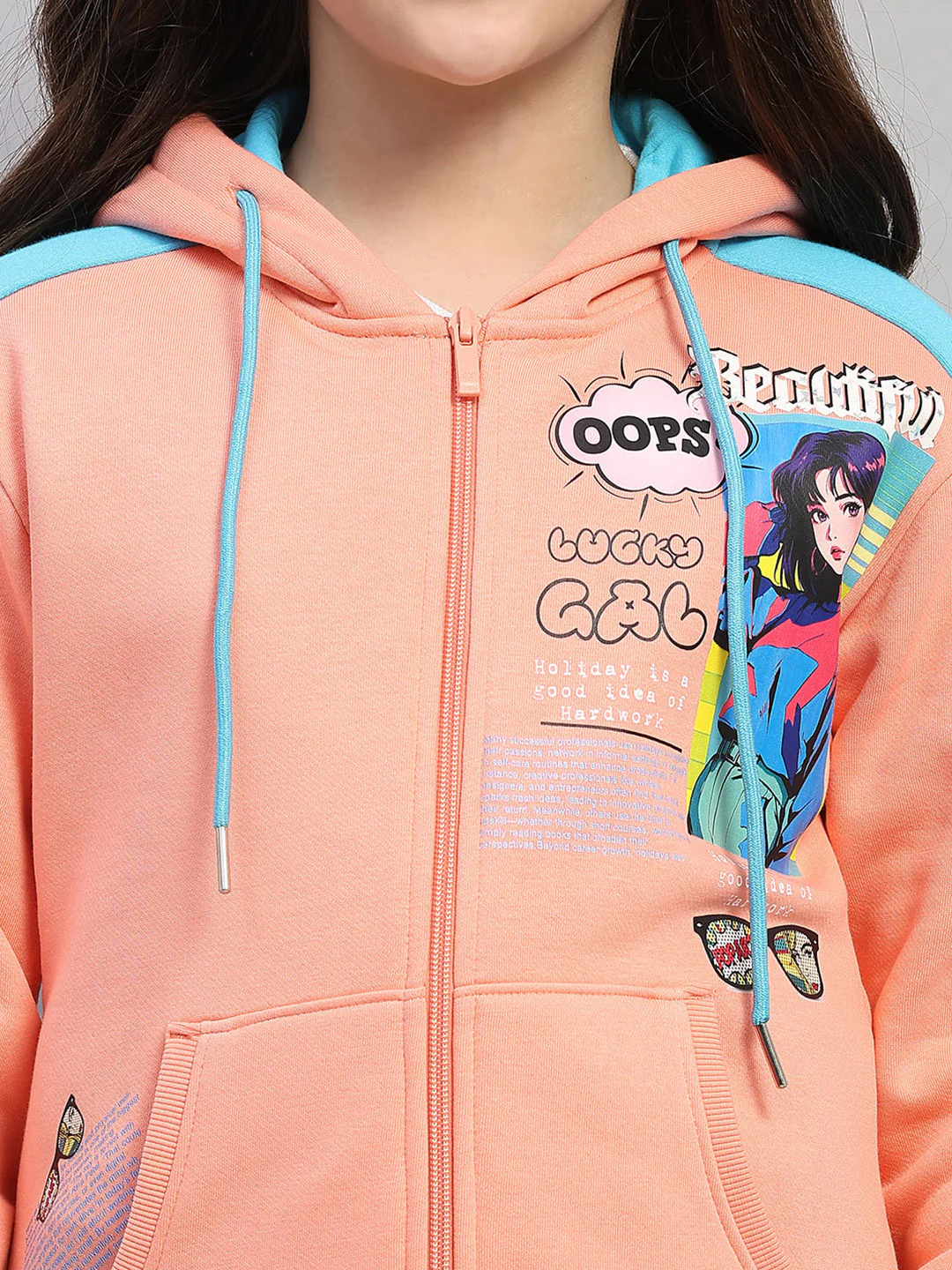 Girls Peach Printed Hooded Full Sleeve Sweatshirt - Image 7