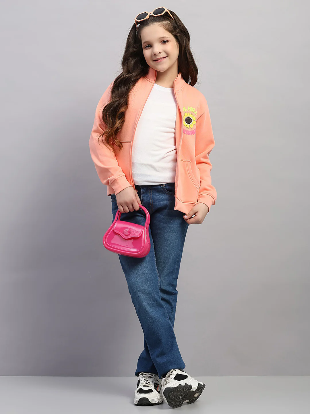 Girls Peach Printed Mock Neck Full Sleeve Sweatshirt - Image 2