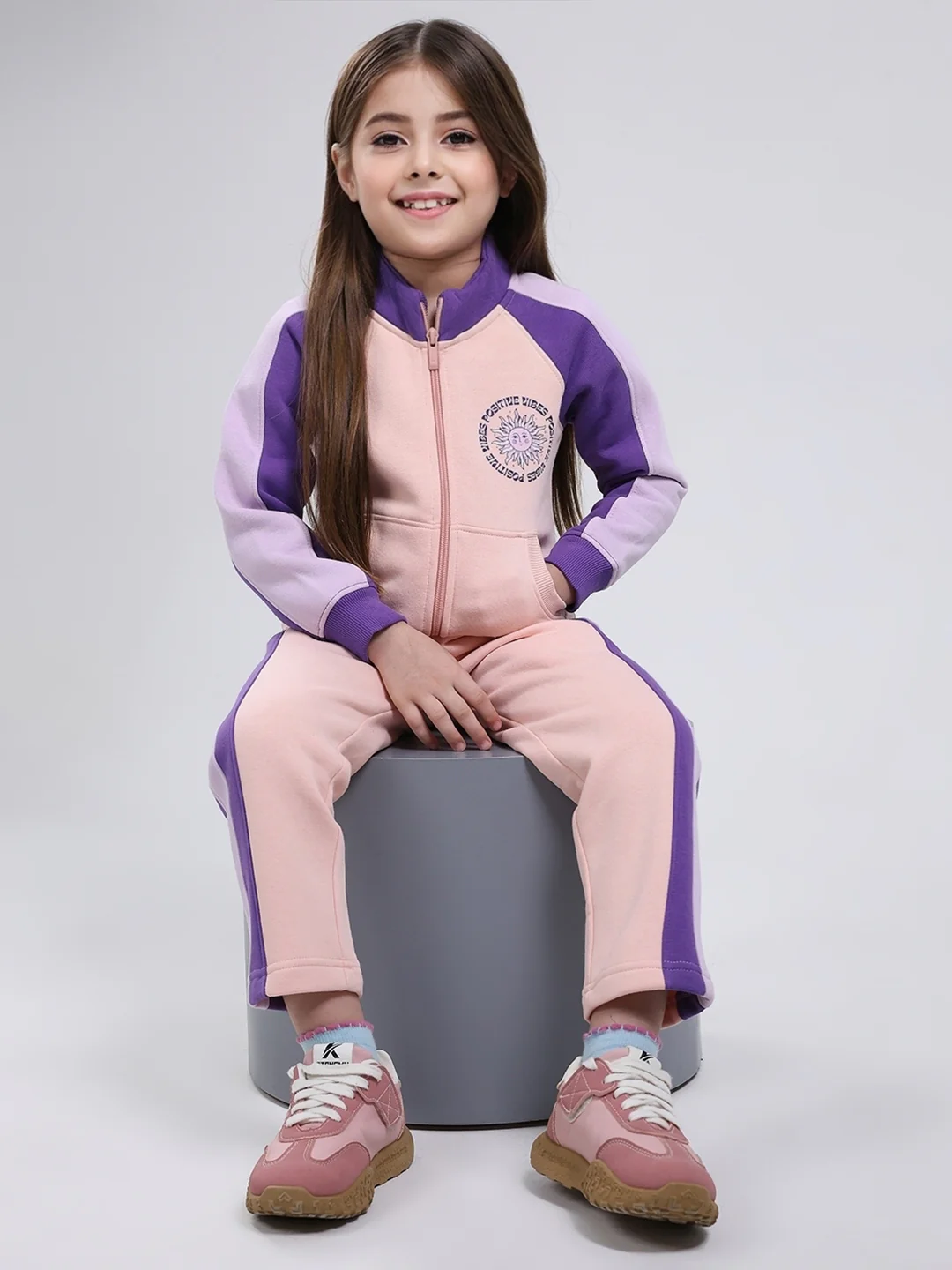 Girls Peach Printed Mock Neck Full Sleeve Tracksuit - Image 2