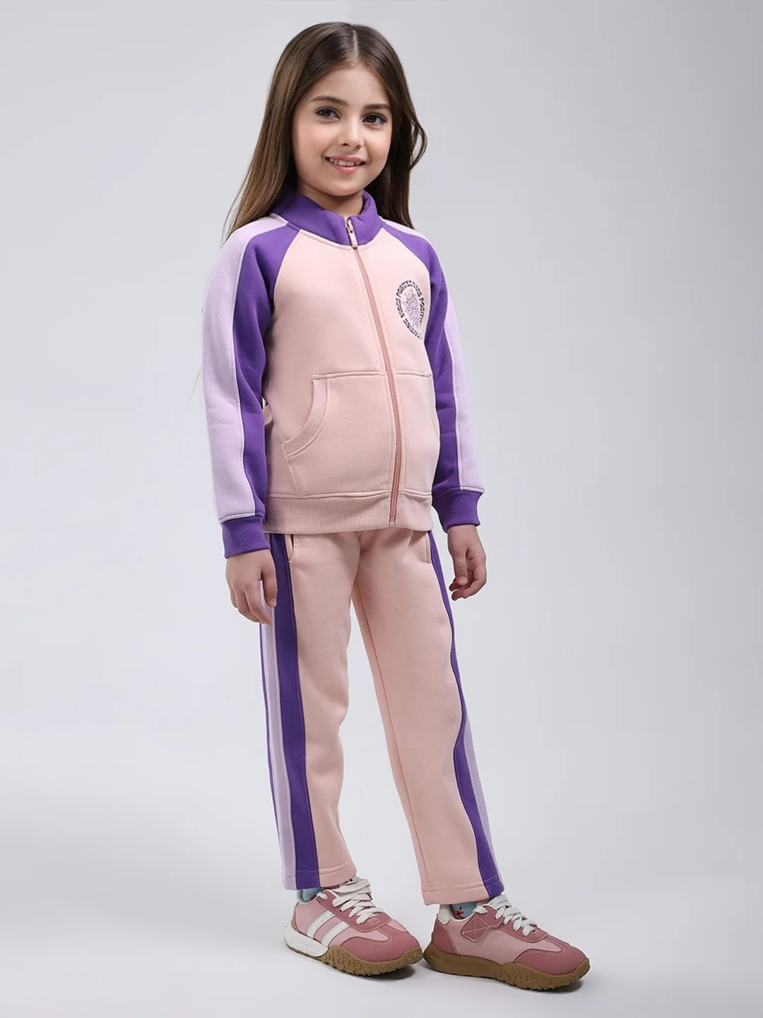 Girls Peach Printed Mock Neck Full Sleeve Tracksuit - Image 4