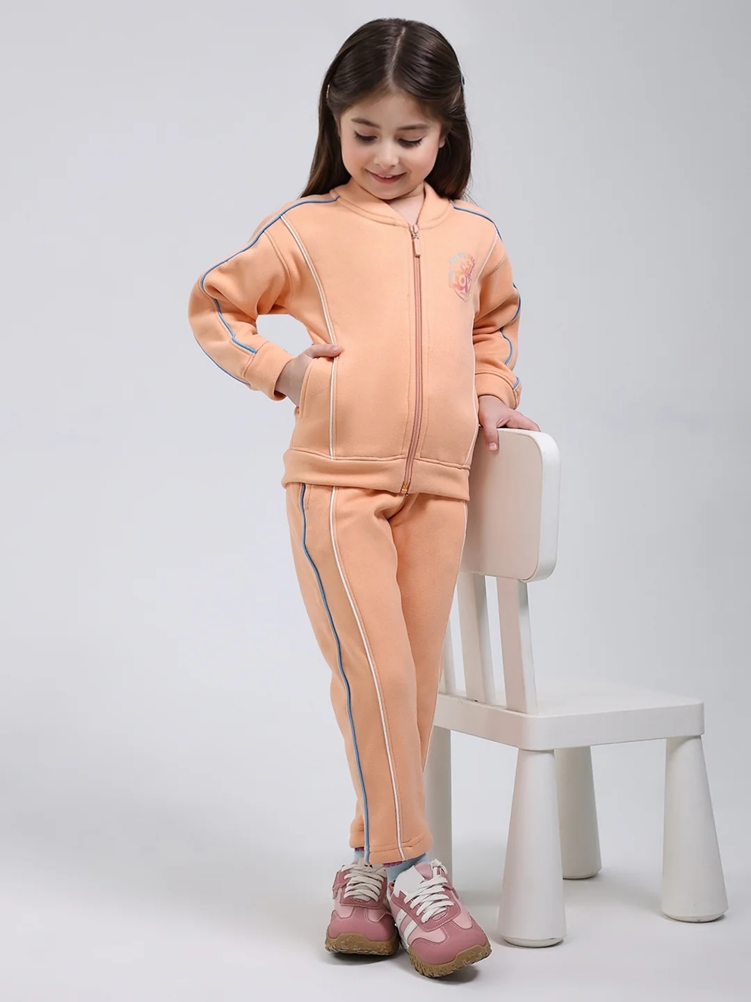 Girls Peach Printed Mock Neck Full Sleeve Tracksuit - Image 2