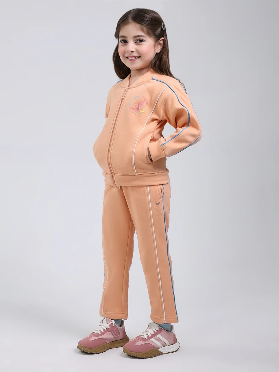 Girls Peach Printed Mock Neck Full Sleeve Tracksuit - Image 3