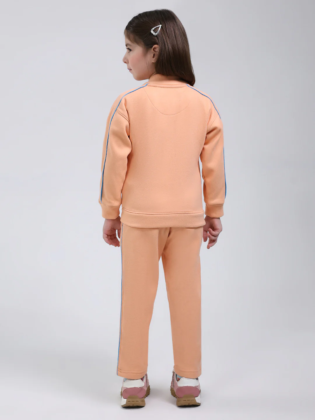 Girls Peach Printed Mock Neck Full Sleeve Tracksuit - Image 5