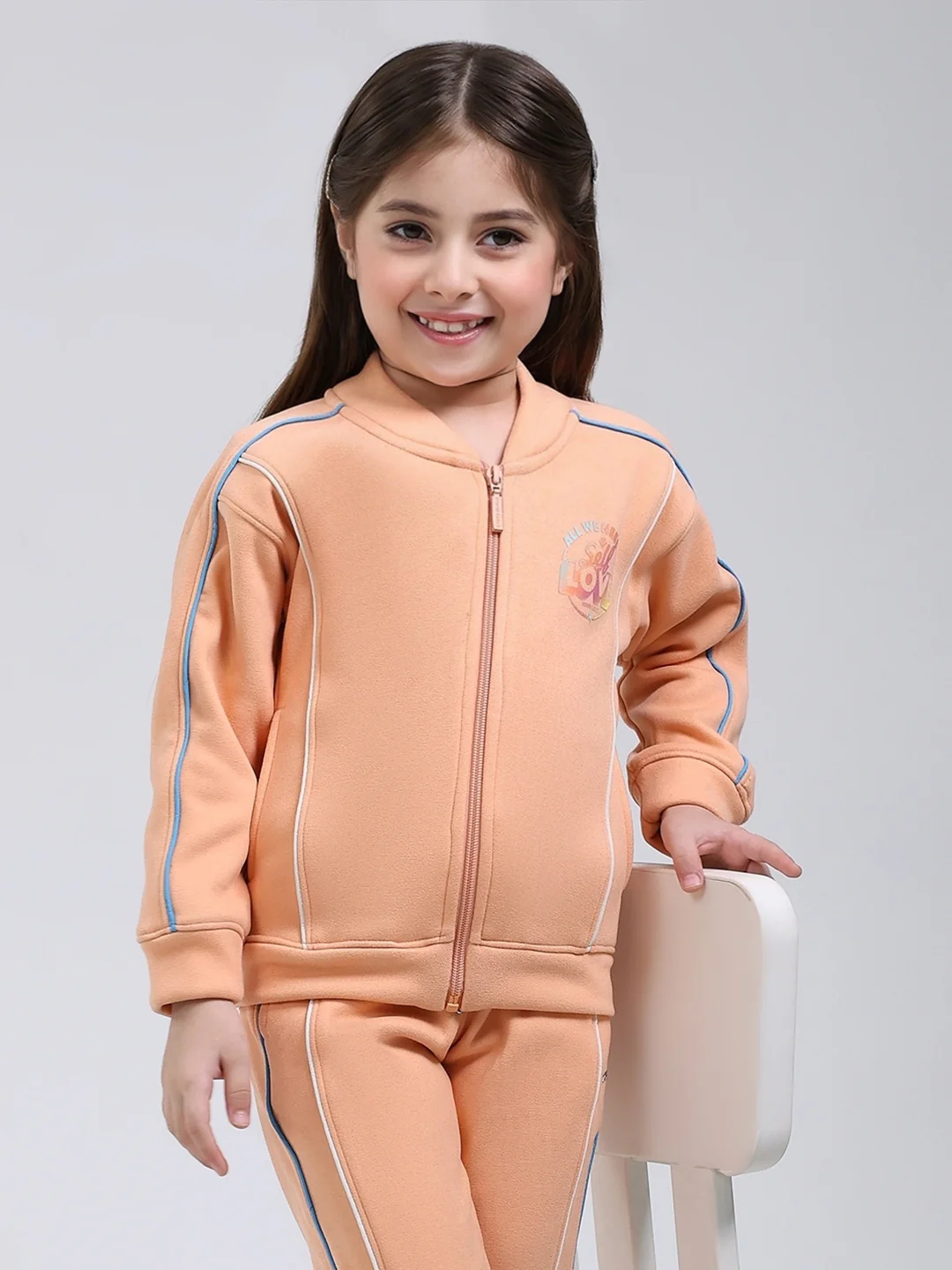 Girls Peach Printed Mock Neck Full Sleeve Tracksuit - Image 6