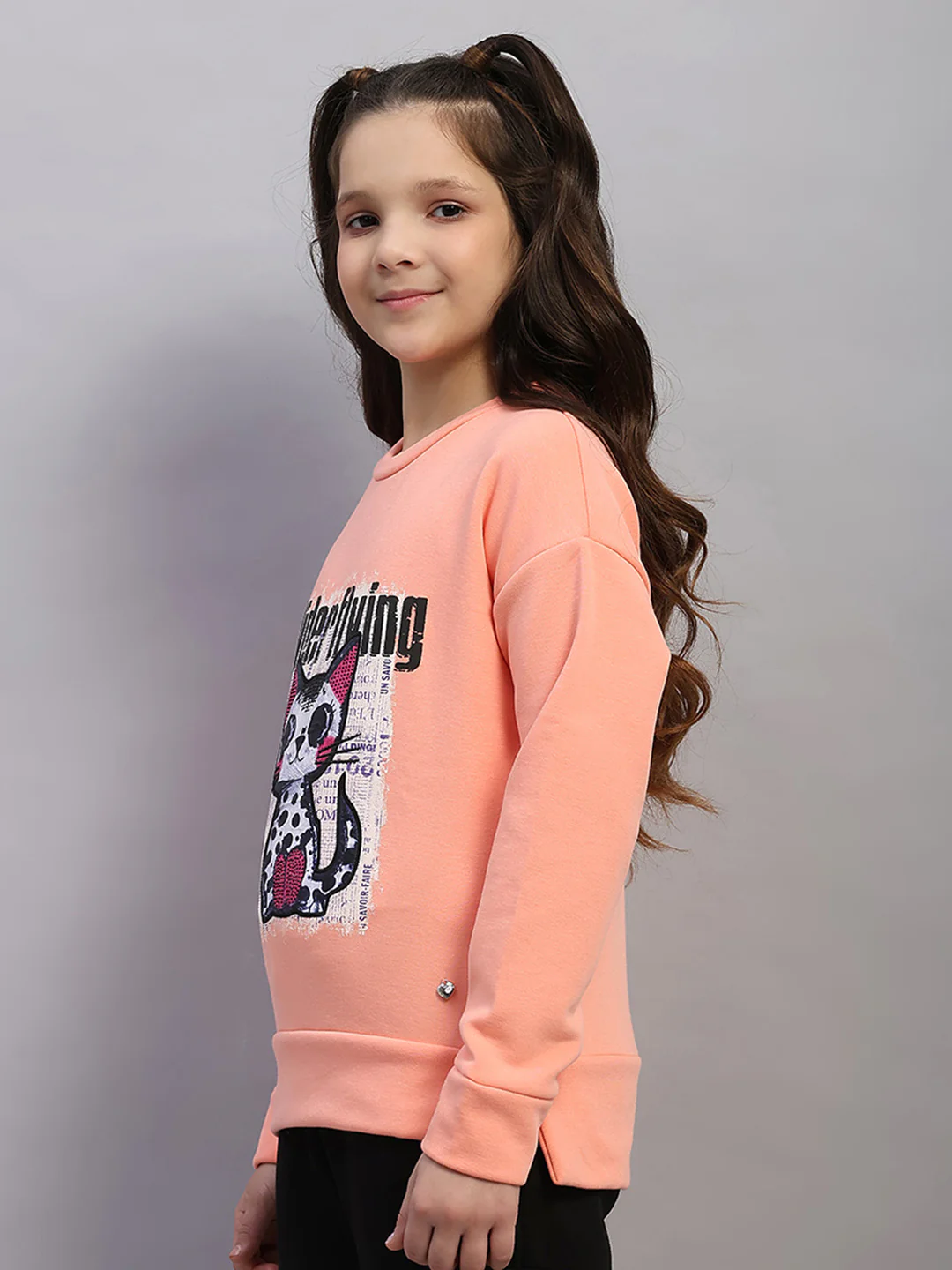 Girls Peach Printed Round Neck Full Sleeve Sweatshirt - Image 3