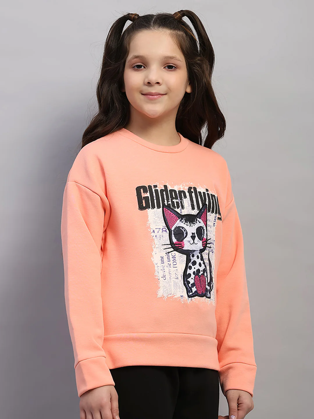 Girls Peach Printed Round Neck Full Sleeve Sweatshirt - Image 4