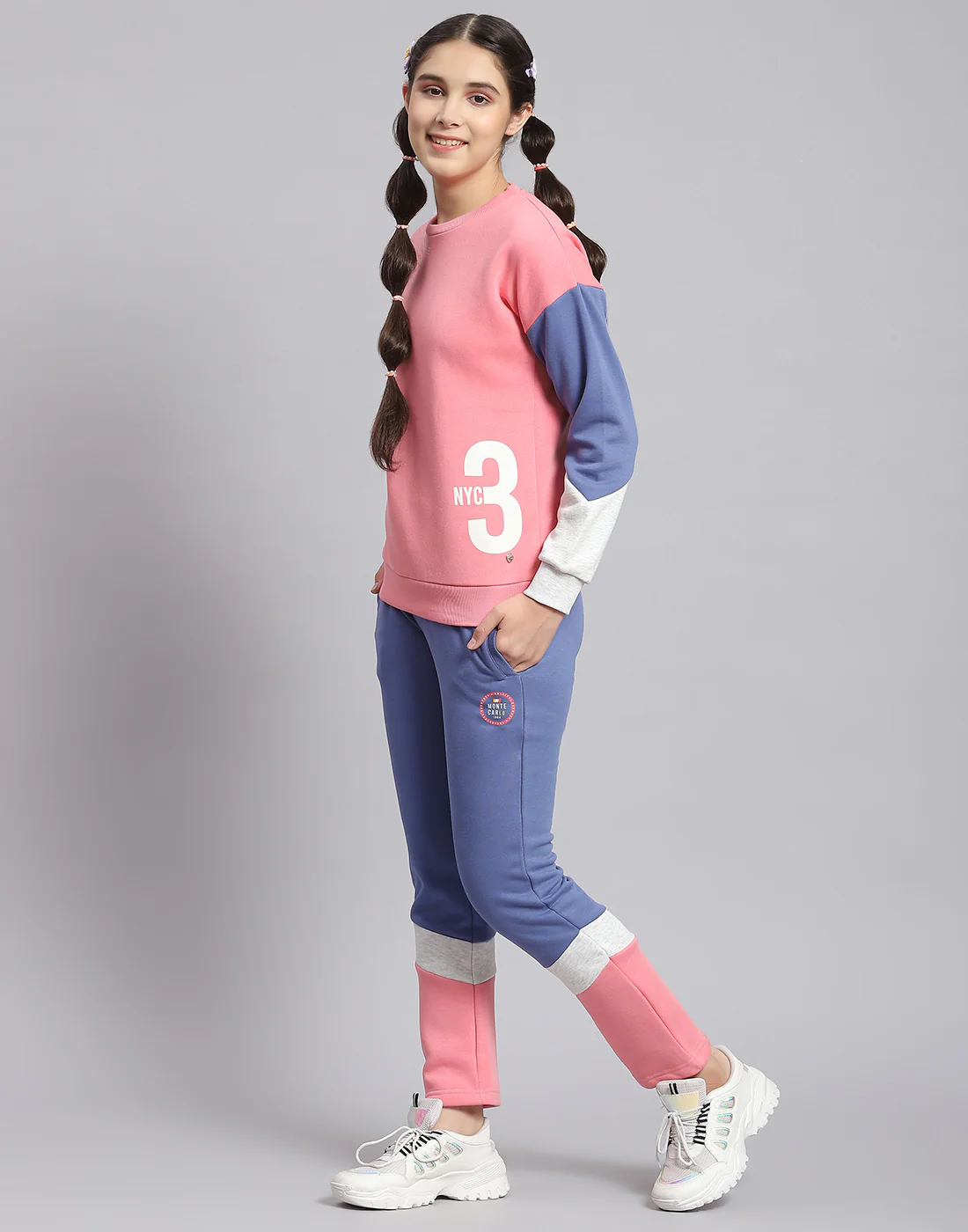 Girls Peach Printed Round Neck Full Sleeve Tracksuit - Image 3