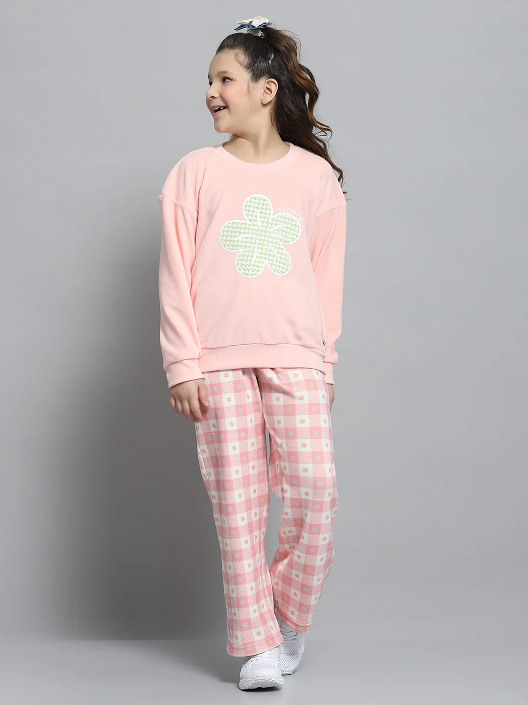 Girls Peach Printed Round Neck Full Sleeve Tracksuit
