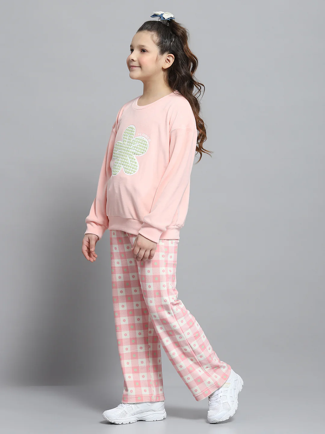 Girls Peach Printed Round Neck Full Sleeve Tracksuit - Image 3
