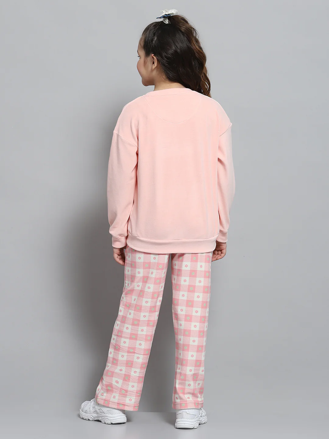 Girls Peach Printed Round Neck Full Sleeve Tracksuit - Image 5
