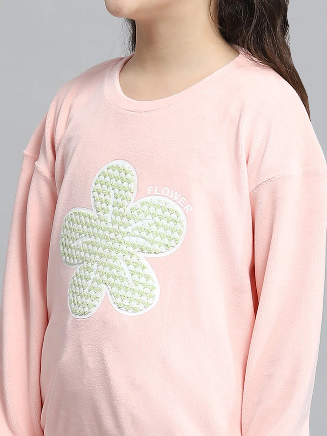Girls Peach Printed Round Neck Full Sleeve Tracksuit - Image 6