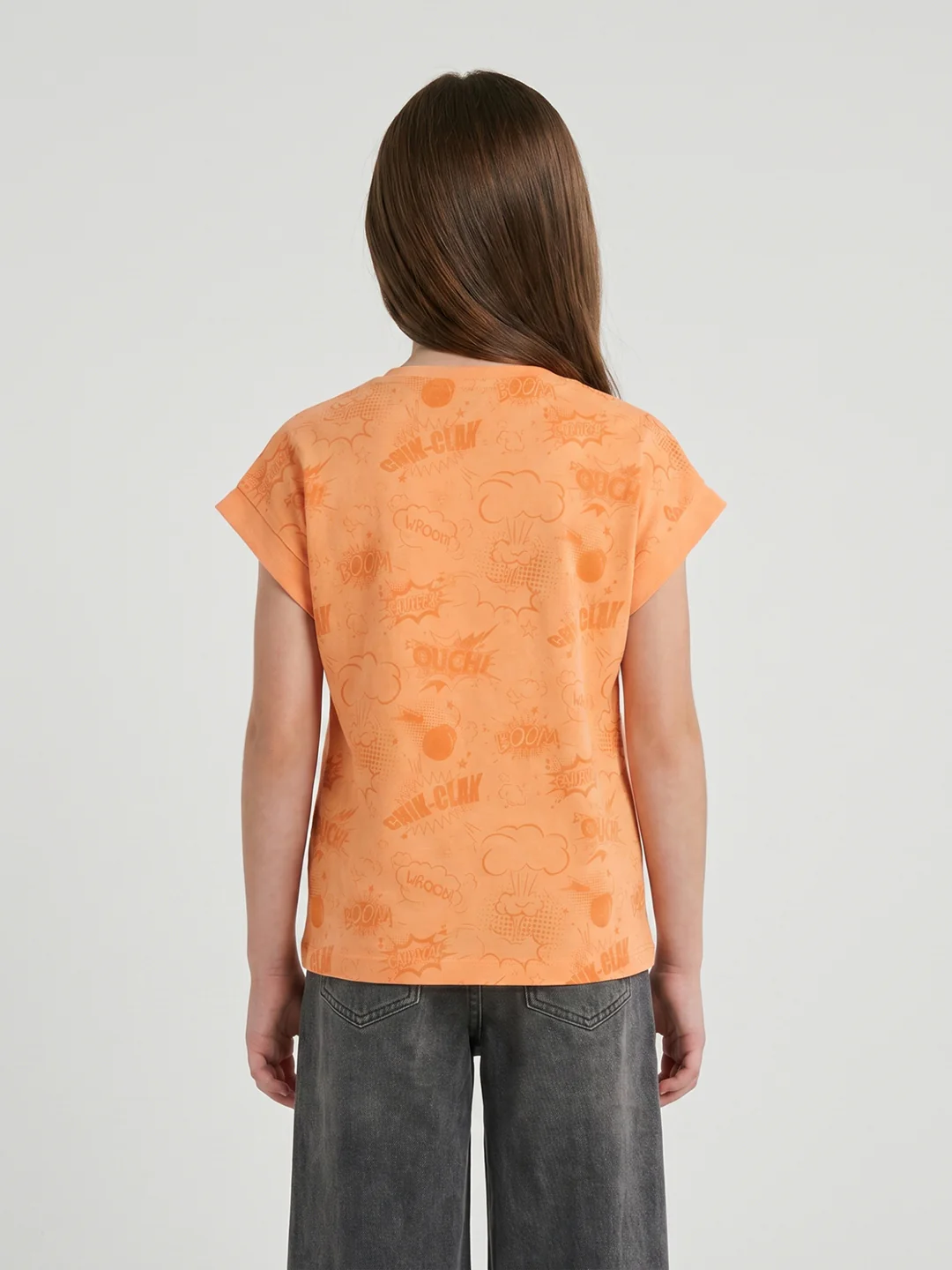 Girls Peach Printed Round Neck Half Sleeve Top - Image 4
