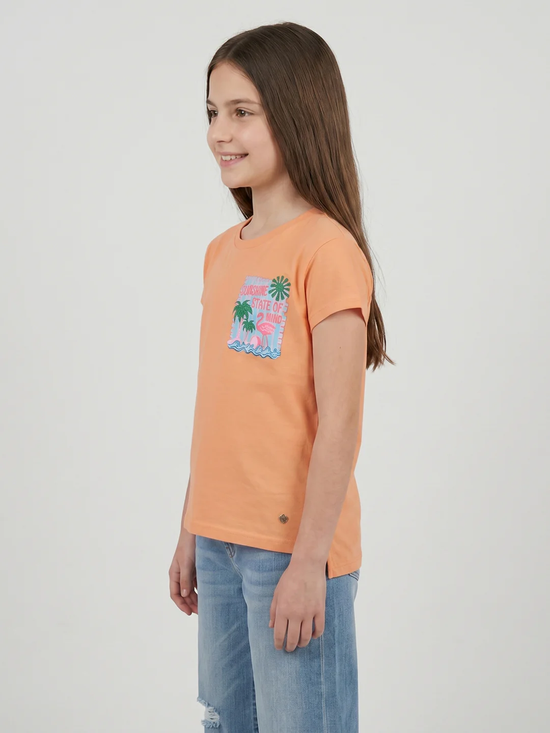 Girls Peach Printed Round Neck Half Sleeve Top - Image 2