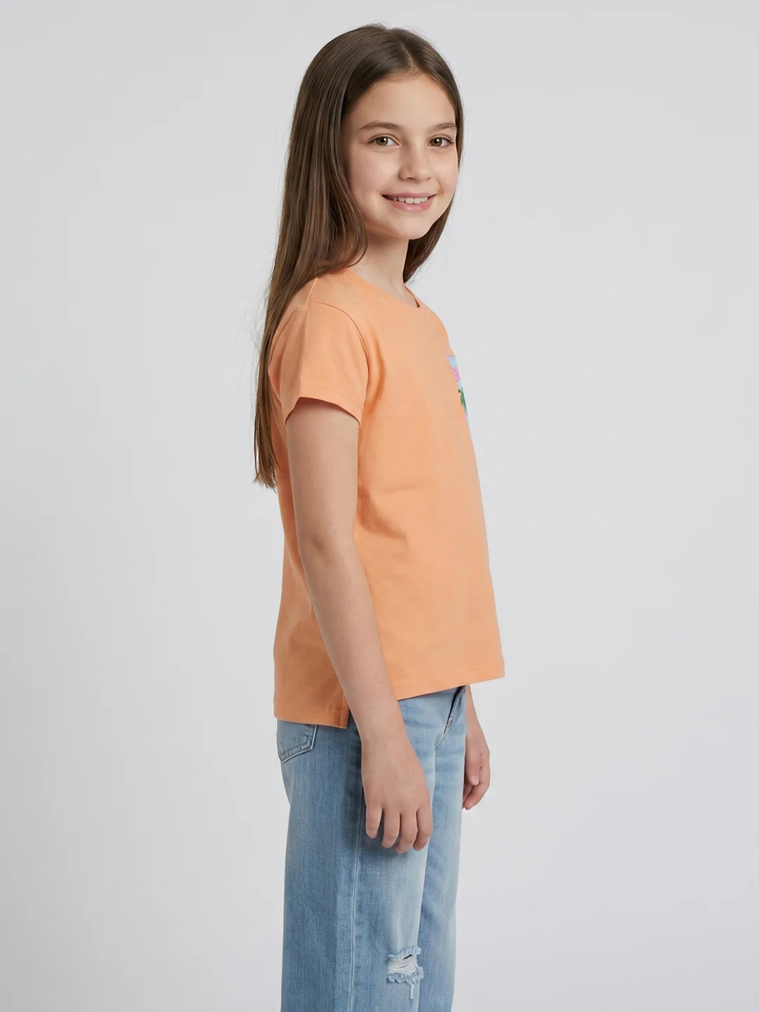 Girls Peach Printed Round Neck Half Sleeve Top - Image 3