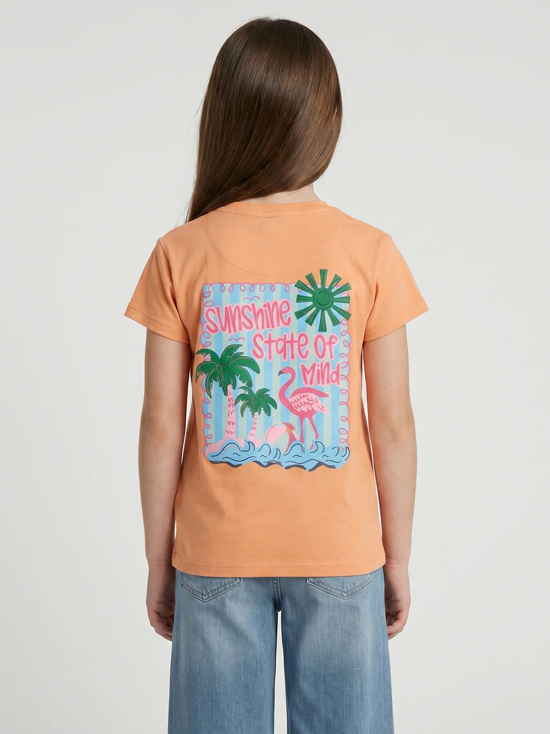 Girls Peach Printed Round Neck Half Sleeve Top - Image 4