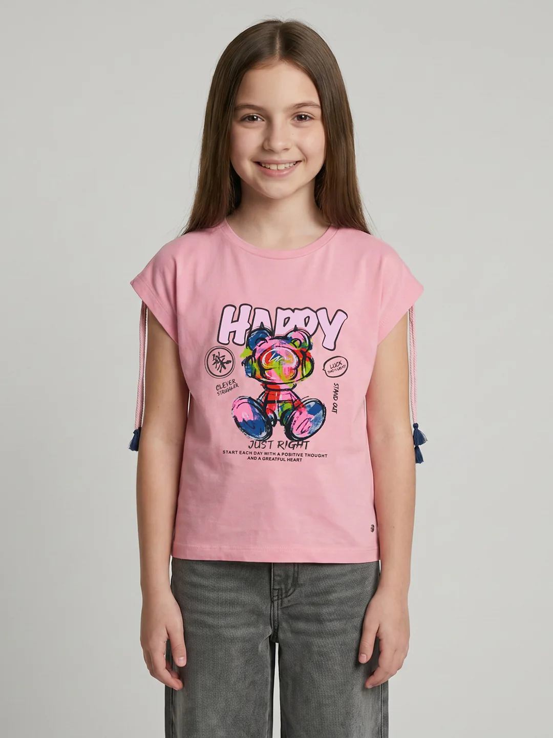 Girls Peach Printed Round Neck Half Sleeve Top