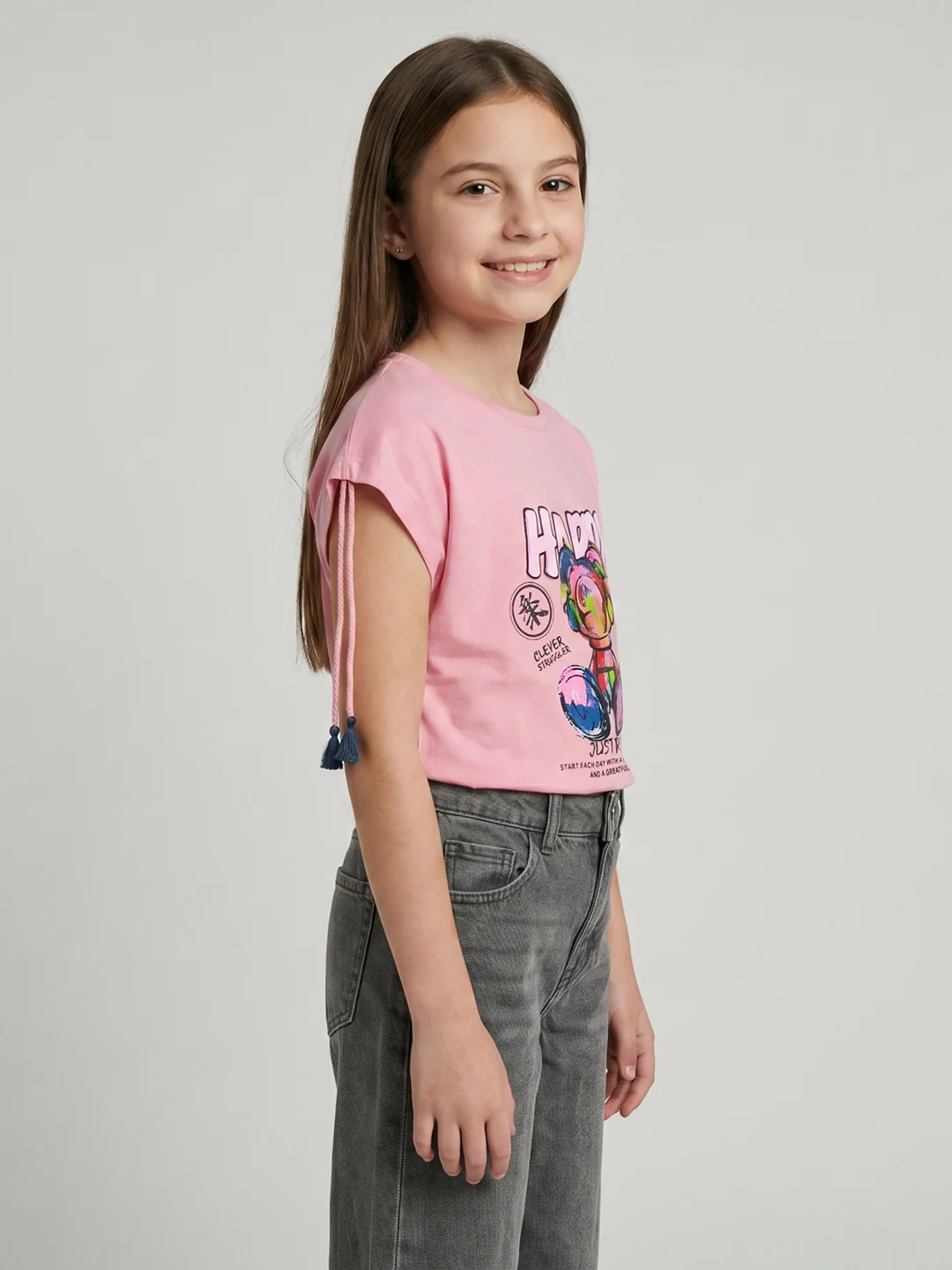 Girls Peach Printed Round Neck Half Sleeve Top - Image 3