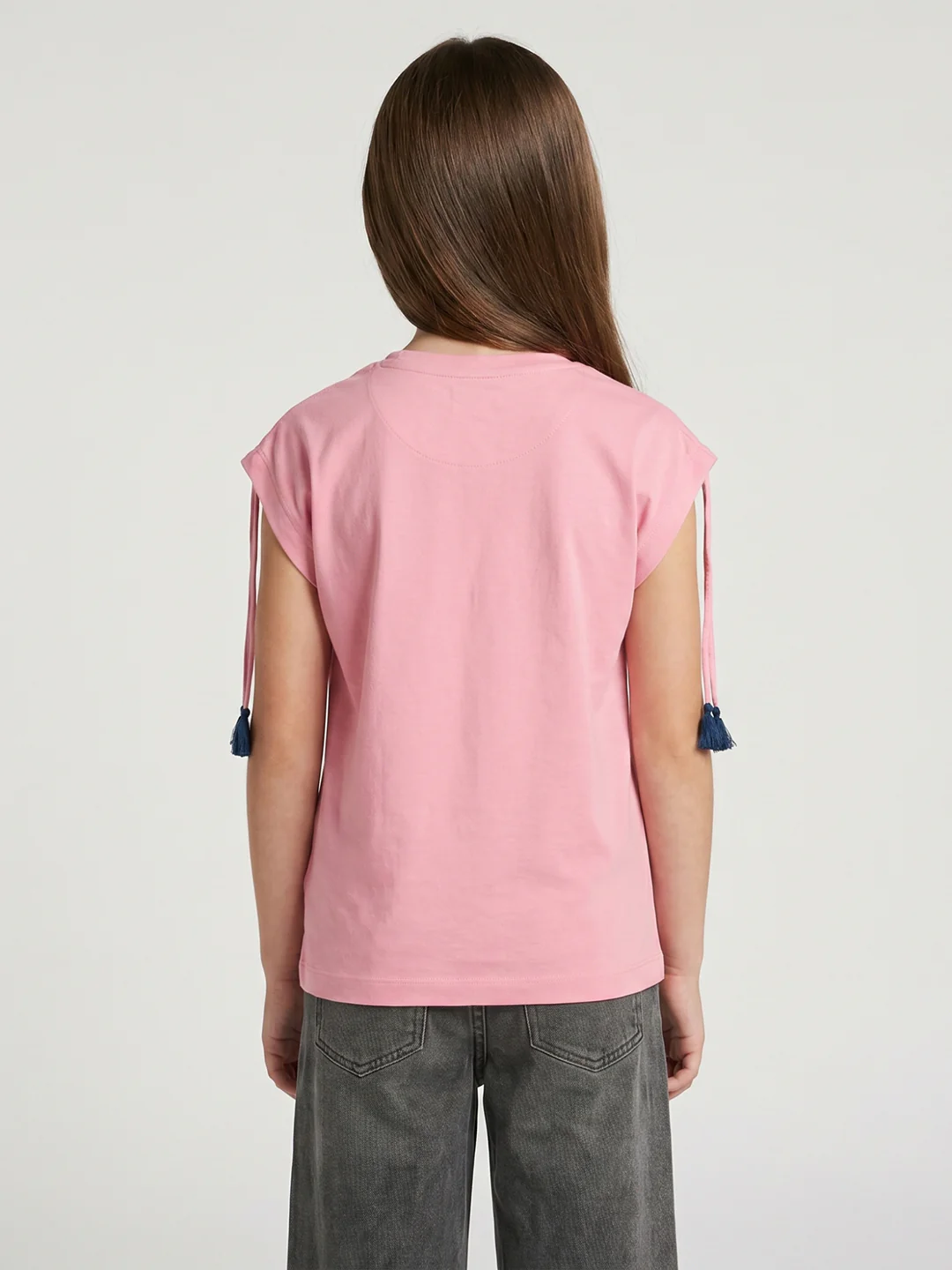 Girls Peach Printed Round Neck Half Sleeve Top - Image 4