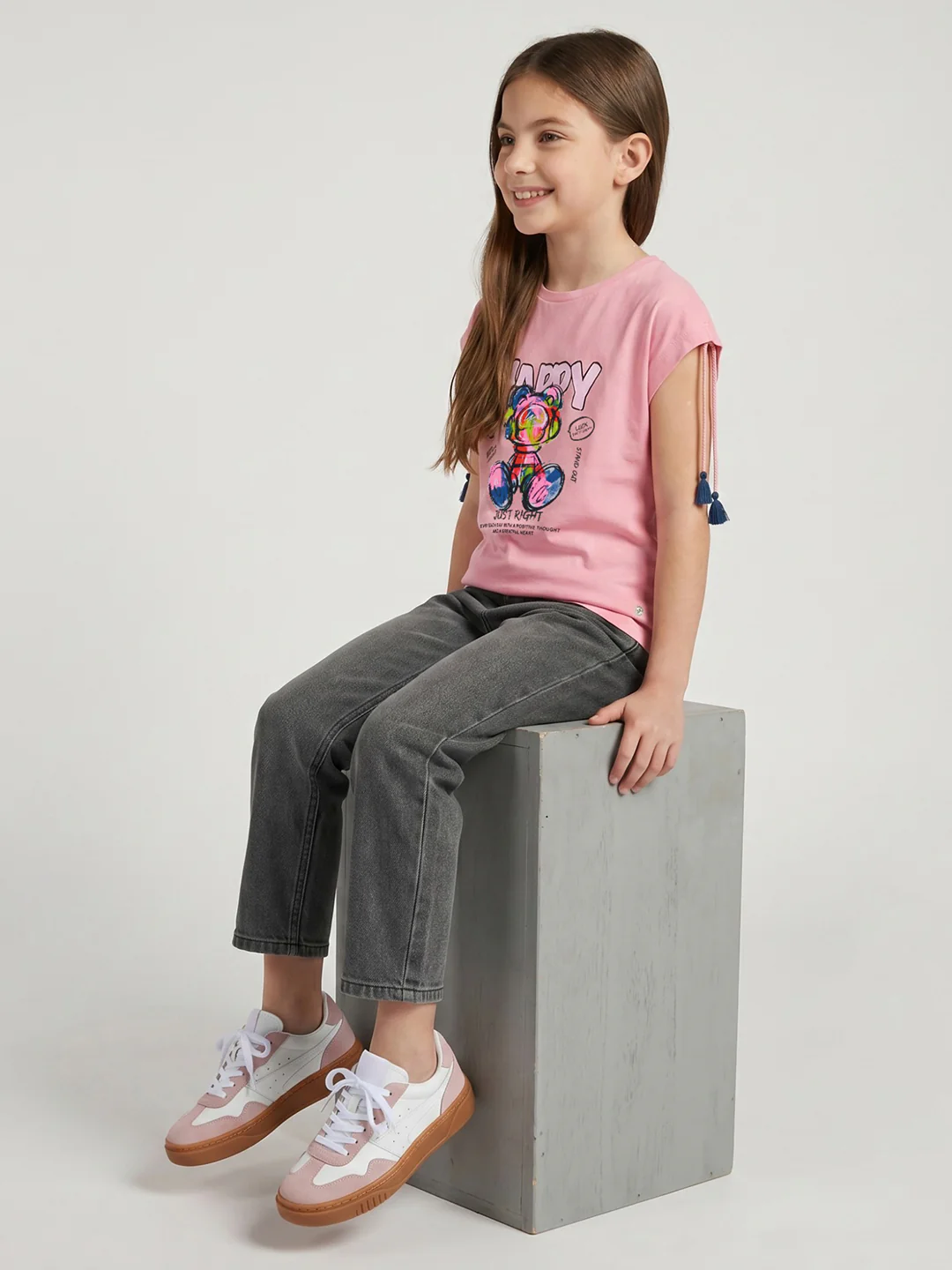 Girls Peach Printed Round Neck Half Sleeve Top - Image 5
