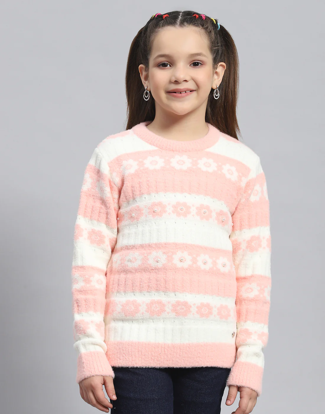 Girls Peach Self Design Round Neck Full Sleeve Sweater - Image 2