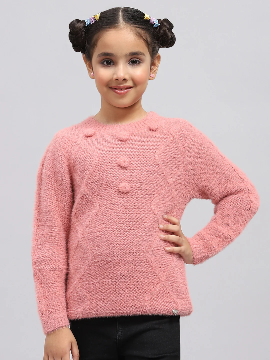 Girls Peach Self Design Round Neck Full Sleeve Winter Top