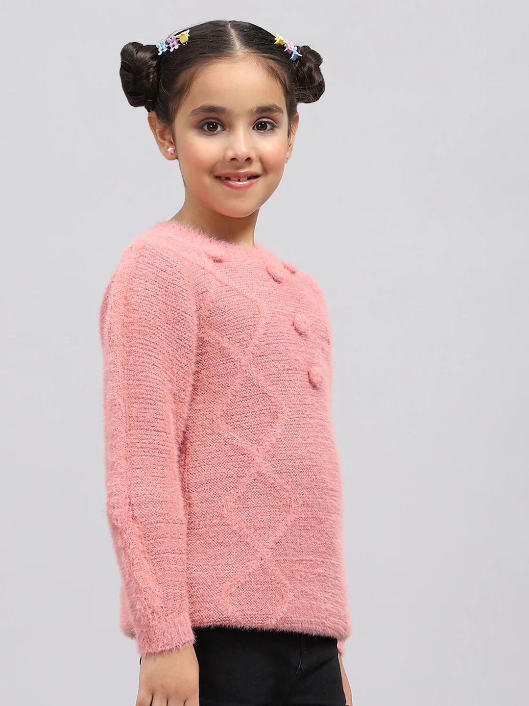 Girls Peach Self Design Round Neck Full Sleeve Winter Top - Image 4