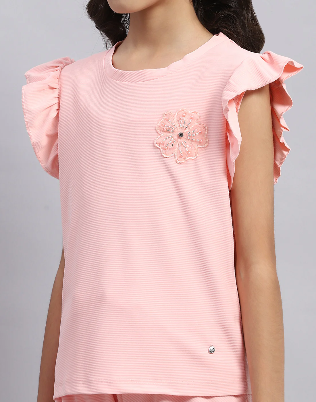 Girls Peach Self Design Round Neck Half Sleeve Shorts Set - Image 6