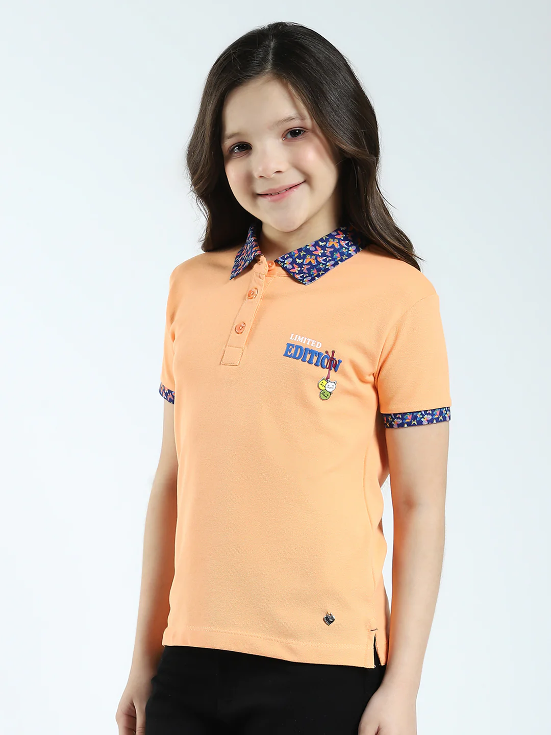 Girls Peach Solid Collar Half Sleeve T-Shirt - Image 3