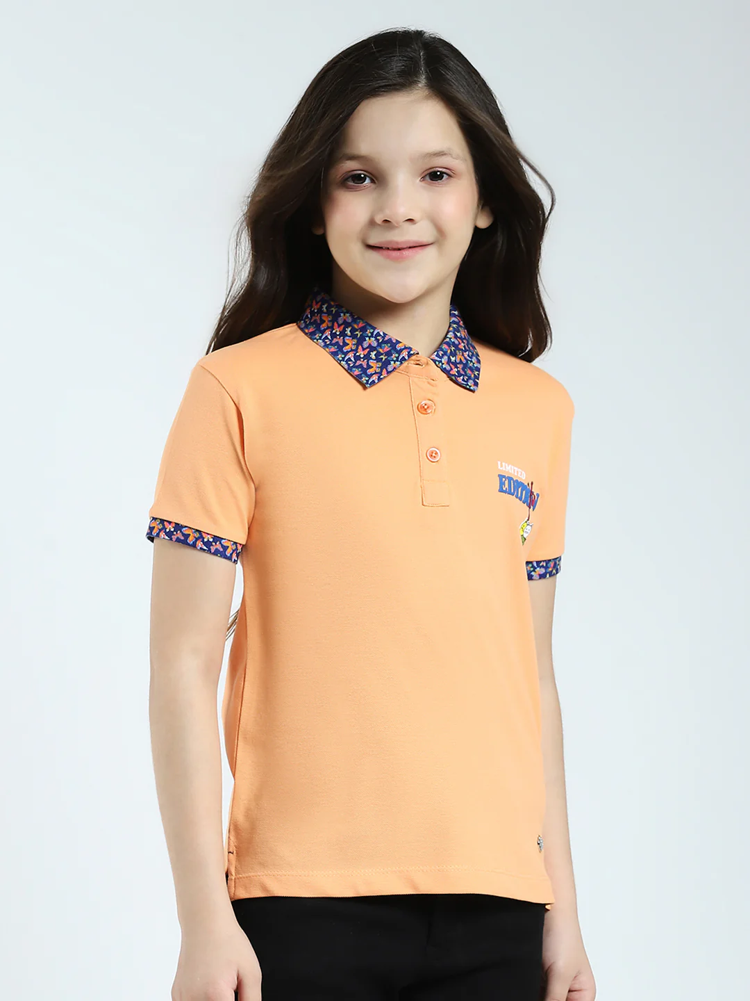 Girls Peach Solid Collar Half Sleeve T-Shirt - Image 4