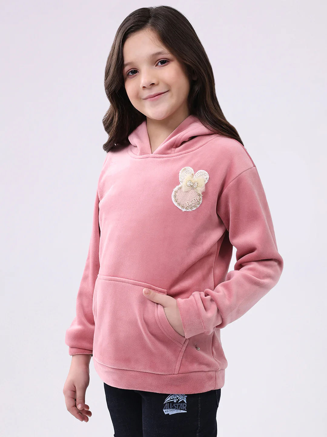 Girls Peach Solid Hooded Full Sleeve Sweatshirt - Image 3