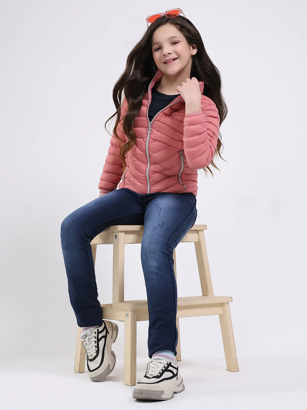 Girls Peach Solid Mock Neck Full Sleeve Jacket - Image 2