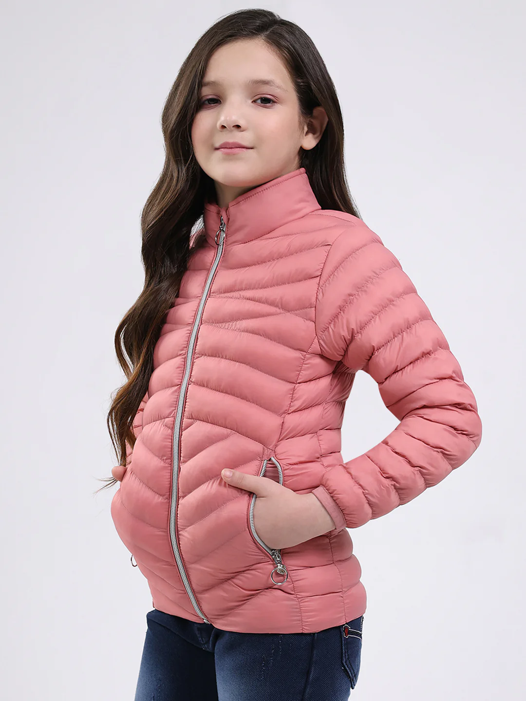Girls Peach Solid Mock Neck Full Sleeve Jacket - Image 3