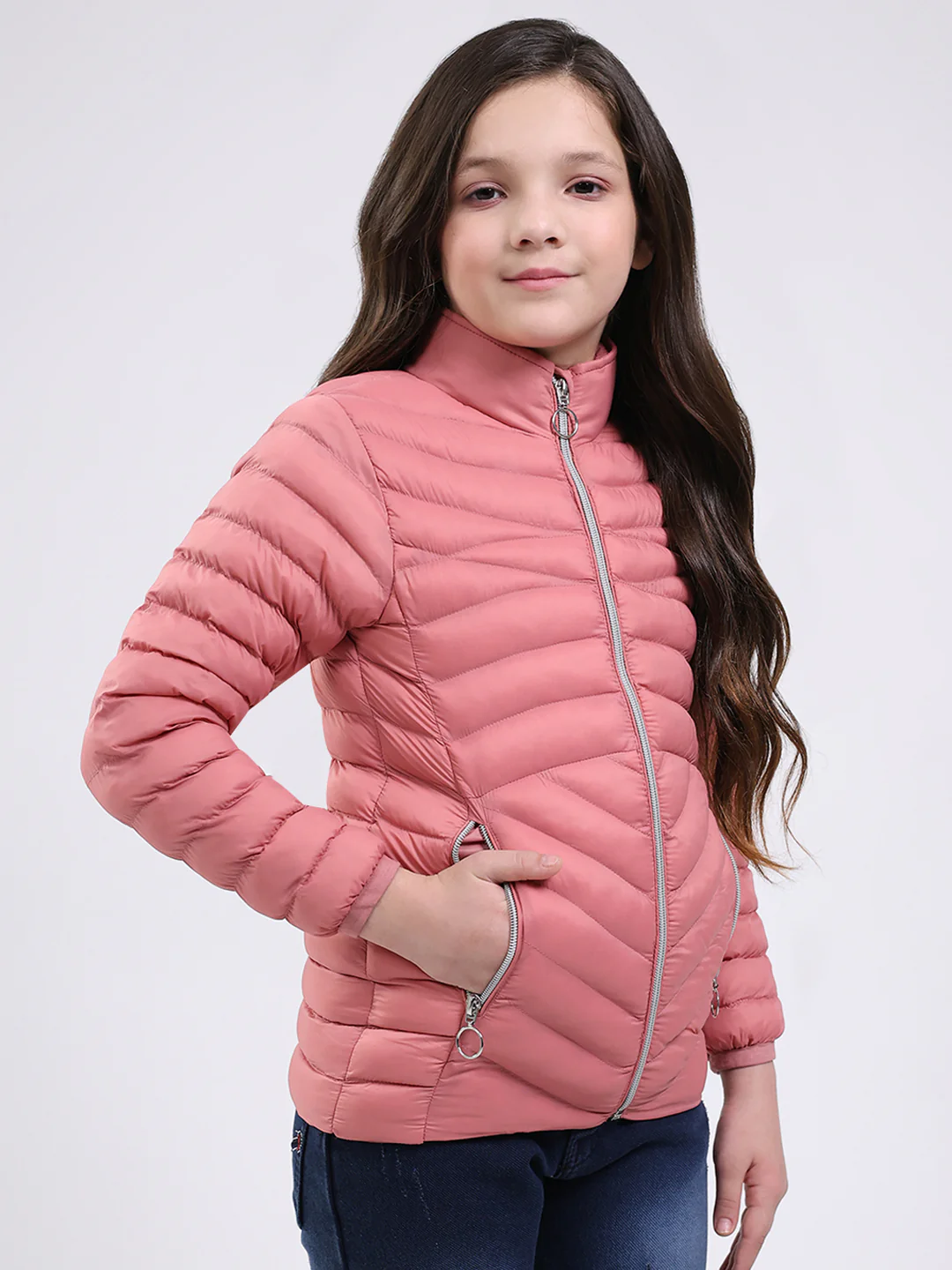 Girls Peach Solid Mock Neck Full Sleeve Jacket - Image 4